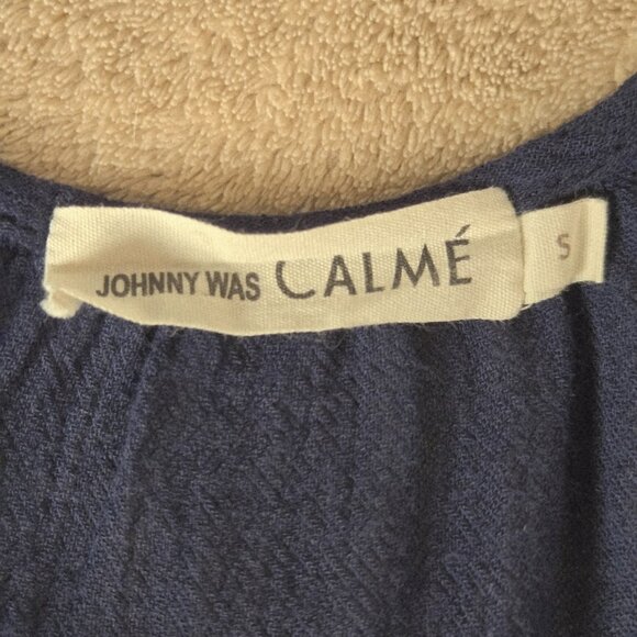 Johnny Was Calme Navy Blue Cold-Shoulder Boho Peasant Blouse with Pom-Pom Tie S - Picture 8 of 9
